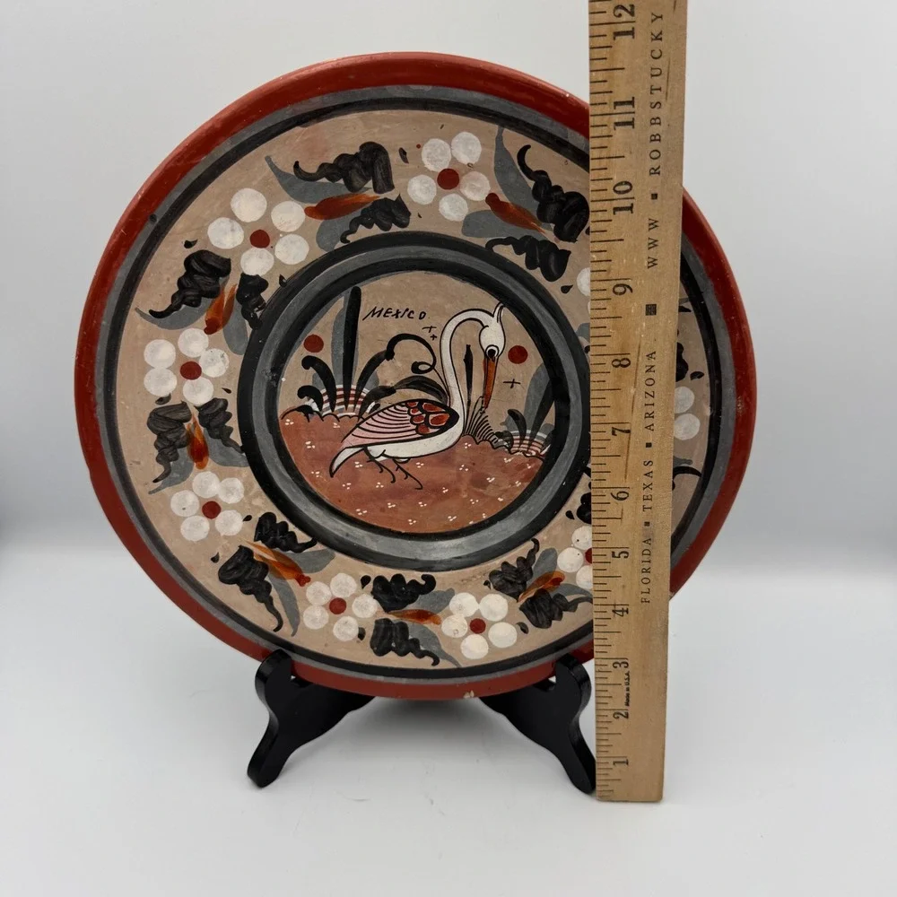 Vintage Tonala Mexico Hand Painted Pottery Wall Plate Crane Heron Folk Art 10.5